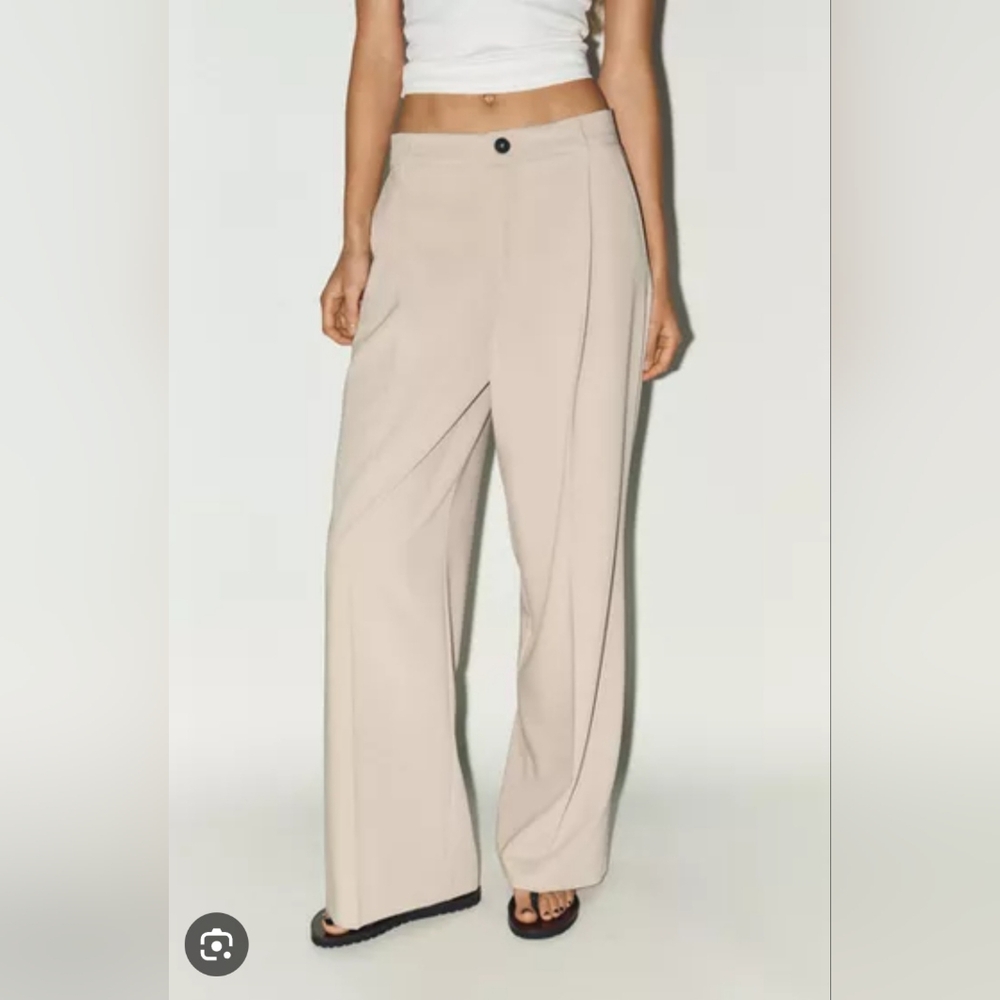 Zara Womens Beige Wide-Leg Straight Pleated Button Pants Flow Office Extra Small